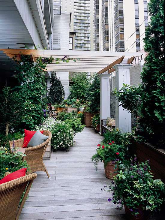 terraço de telhado de design exuberante plantação de móveis de vime
