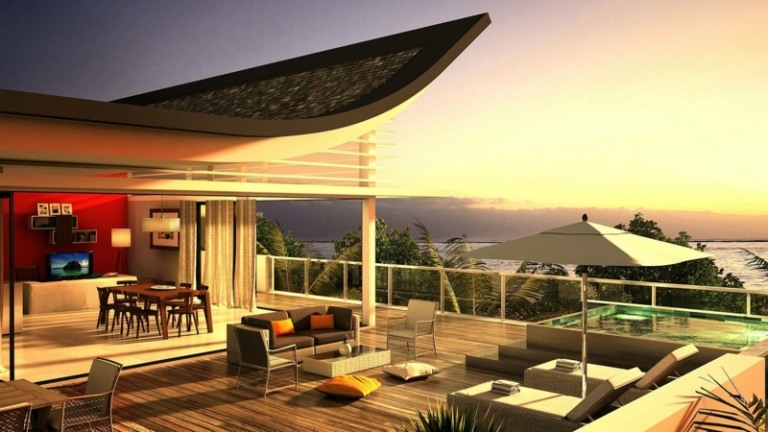 varanda e terraço no telhado ideia moderna design área de estar para-sol