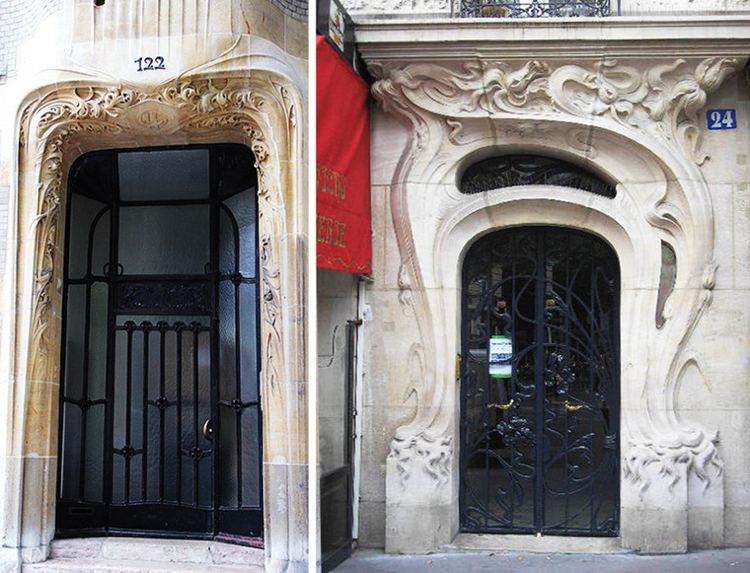 portas dianteiras de madeira maciça Art Nouveau linhas curvas de ferro forjado