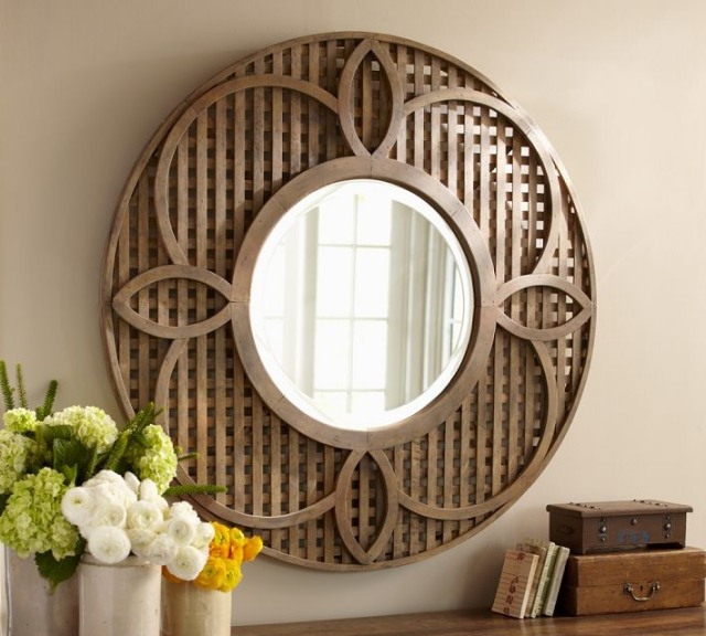 espelho de parede redondo moldura de madeira estilo vintage