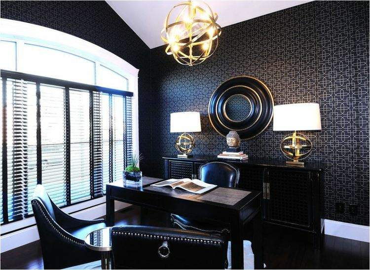 ideias para móveis de escritório em casa móveis de couro-local de trabalho-luxo-preto-ouro-papel de parede-aparador-abajures de mesa