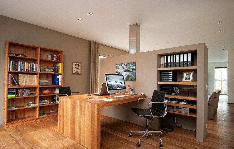 Idéias para móveis de escritório em casa divisória-espaço-economia-local de trabalho-madeira-nicho-estante-cinza