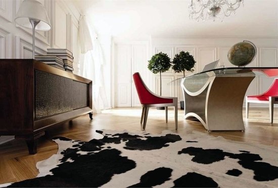 Ideias vivas Casa vermelha, branca, luxuosa, carpete moderno em pele de vaca