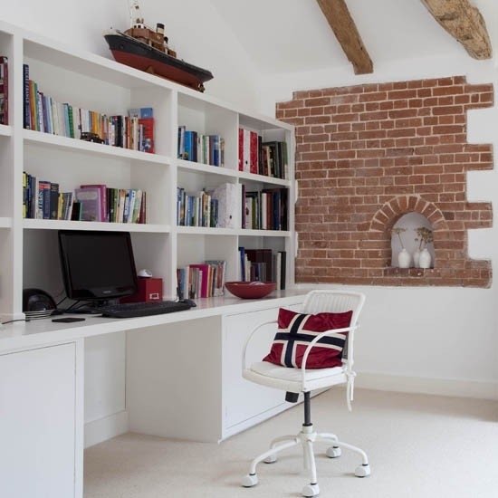 Viver ideias escritório em casa branco vermelho estilo moderno mistura parede de tijolos