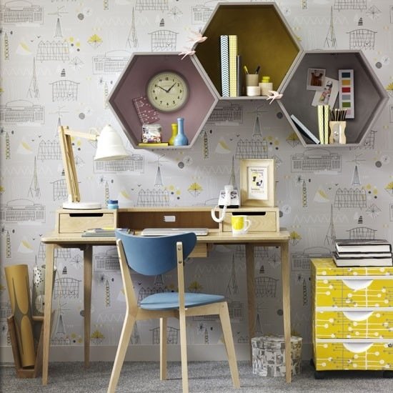Viver ideias Home Office - cinza amarelo-azul prateleiras modernas