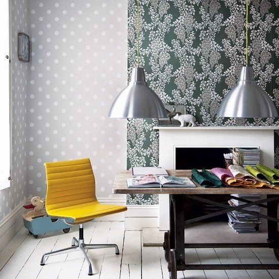 Ideias vivas, escritório em casa, papel de parede moderno com padrão amarelo