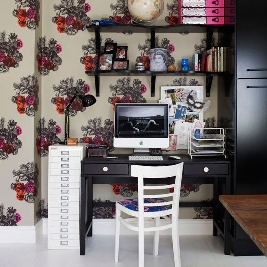 Ideias vivas Papel de parede do escritório em casa padrão - móveis modernos coloridos