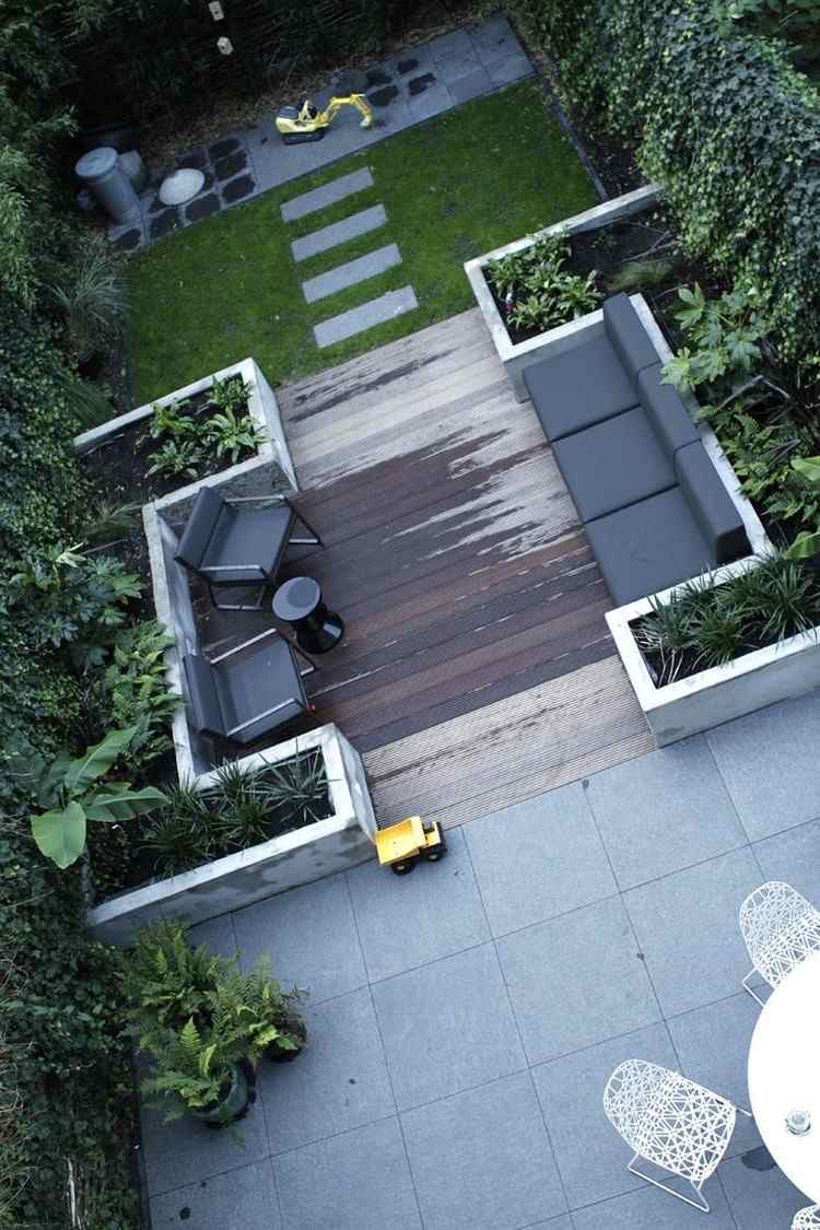 ideias-terraço-design-quintal-exterior-azulejos-wpc-piso de tábuas-camas elevadas