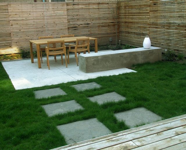 Exemplos de design de terraço de gramado de banco de jardim de concreto
