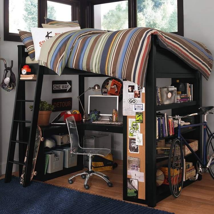 Ideias de mobília-quarto-menino-parede-cor-cinza-bicicleta-colcha-prateleiras-escrivaninha