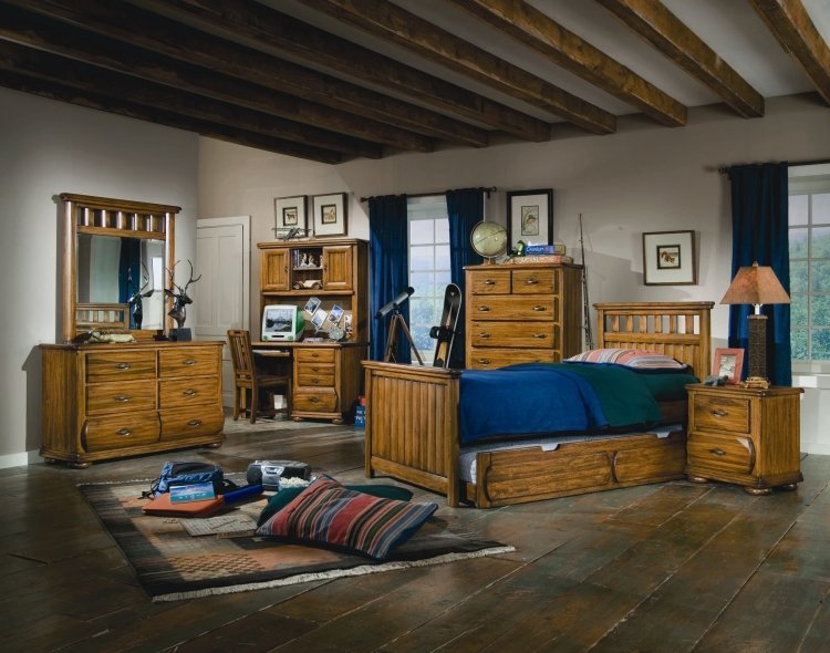 idéias de decoração-quarto de menino-madeira-móveis-azul-roupa de cama-piso-madeira-maciça-janelas