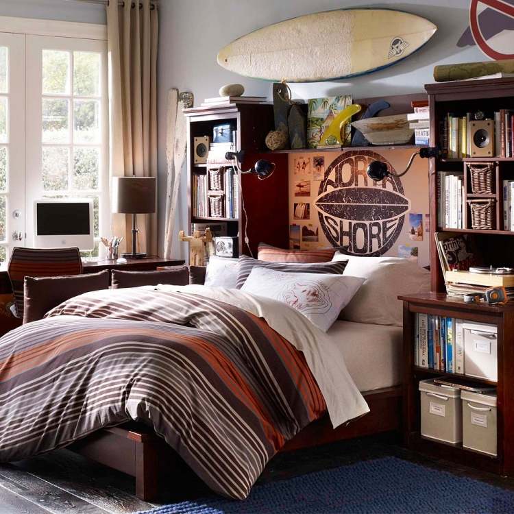 idéias de decoração-quarto de menino - surf-roupa de cama-remos-janela-prateleiras-funcional