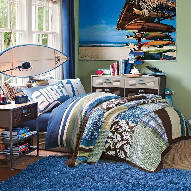 mobiliário-ideias-meninos-quarto-prancha-pôster-surf-tapete-azul-metal macio