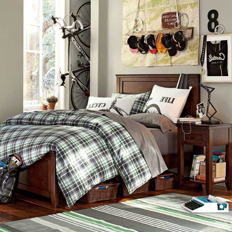 idéias de móveis - quarto de meninos - cinza-bicicleta-parede pintura-colcha-roupa de cama-mesa de cabeceira-cestos