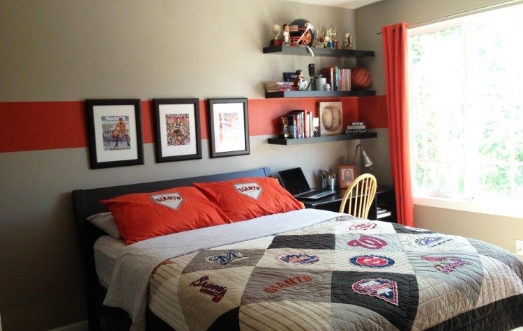 idéias de decoração-quarto de menino-basquete-cama-travesseiros-patchwork-teto-prateleiras-janelas