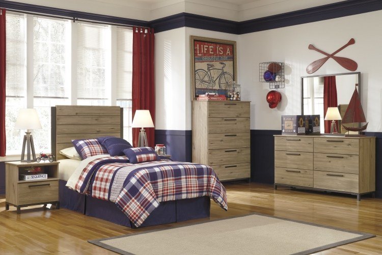 design de interiores-quarto-meninos-cama-cômoda-madeira-olhar-azul-vermelho