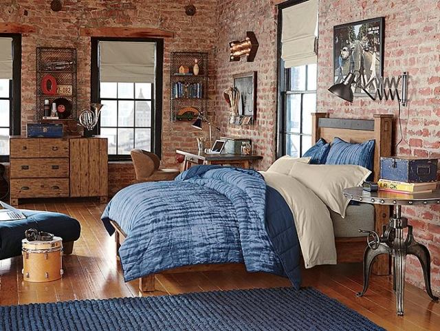 Quarto de menino - design de parede de tijolos - visual rústico - cômoda - madeira compensada