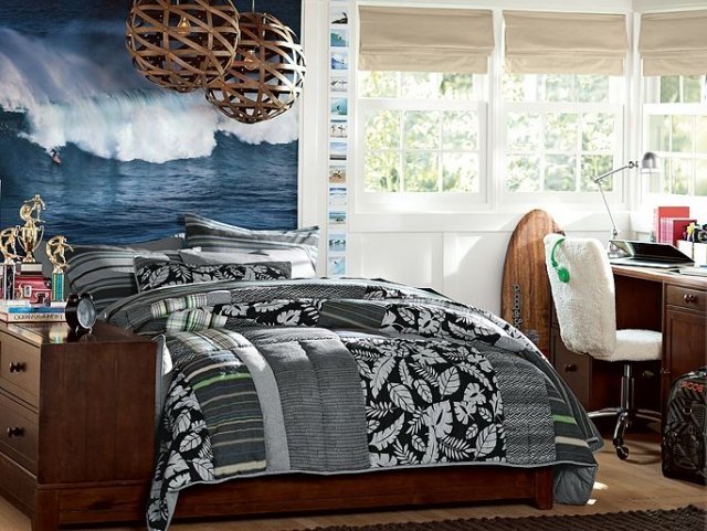 cama-cama de madeira-caixa-parede-papel-foto-papel-parede-surf onda-motivo