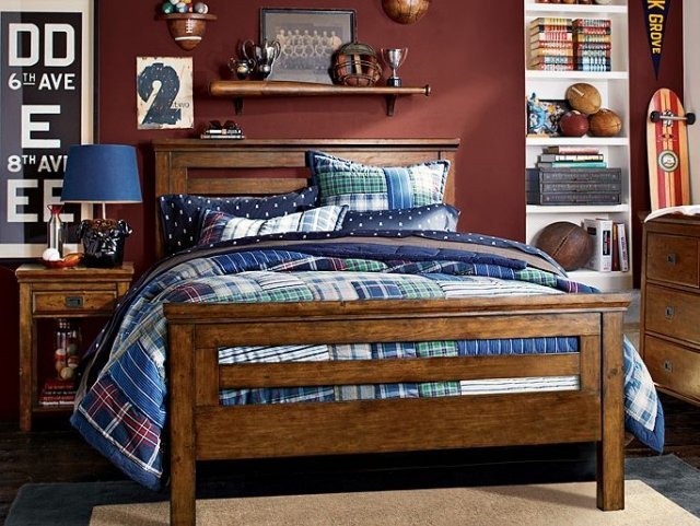 Idéias-clássico-quarto-jovem-mobiliário-idéias-quarto-menino-sistema de estantes de cama de madeira