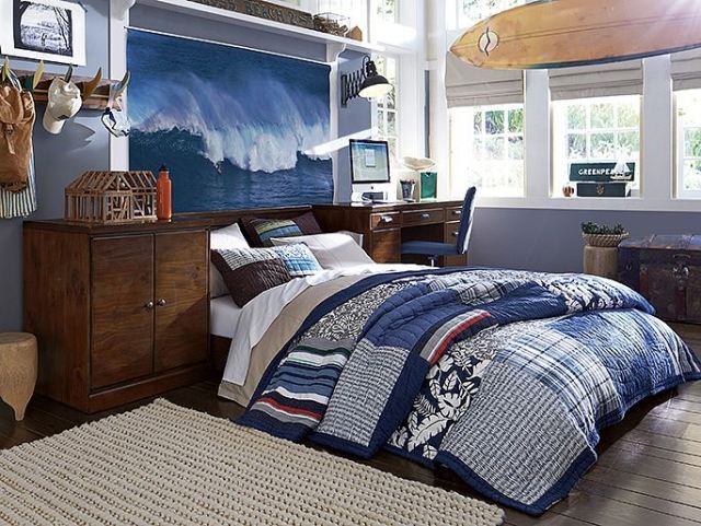 Quarto juvenil-interior-idéias-meninos-quarto-náutico-surf-ondas-papel de parede de parede