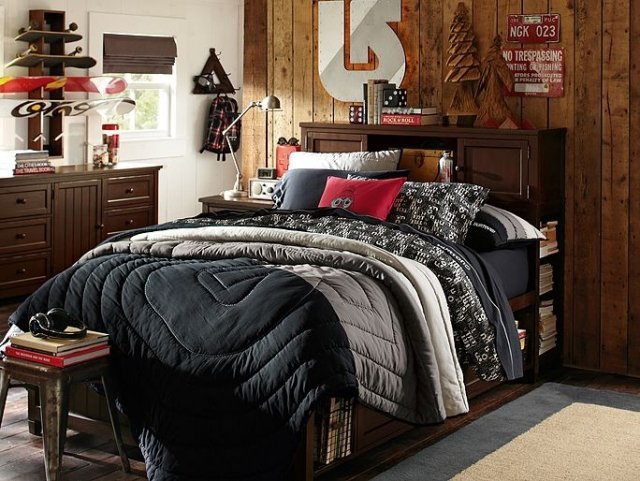 cama-com-cama-armazenamento-integrado-prateleiras-preto-roupa de cama-quarto de meninos