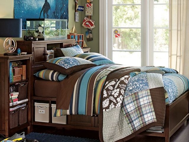 cama-com-gaveta-cama-quarto de criança-náutico-roupa de cama-folhas de palmeira