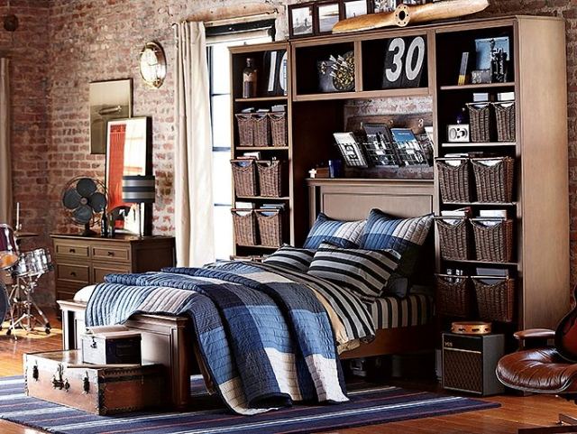 cama-com-cama-box-armário-cestas-vime-parede de tijolo-design
