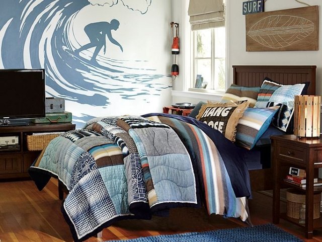 wall-decal-surf-wave rider-blue-white-laminate-floor-design-boy room