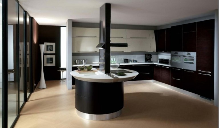 cozinha de design com ilha redonda, armários pretos, móveis marrons