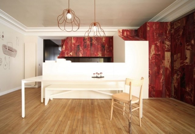 designer cozinha decoração de parede efeitos vermelhos arquiteto casa piso de madeira