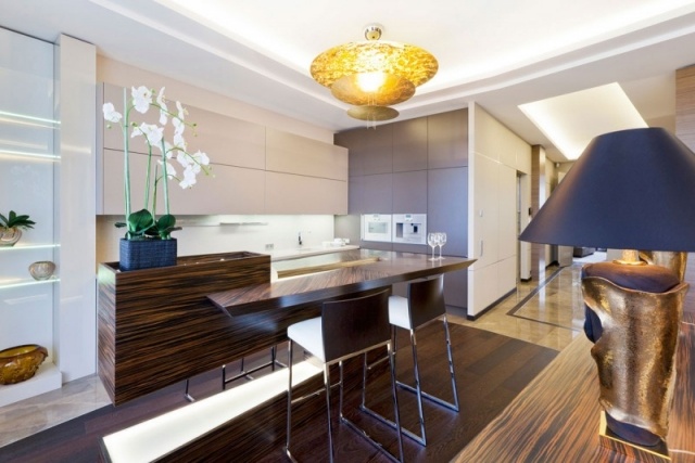 Cozinha projetada com balcão de balcão com balcão de balcão de madeira em estilo art déco