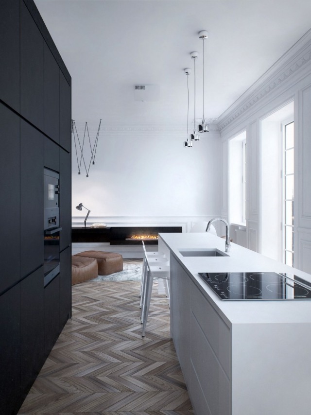 cozinha design simples piso em parquet preto e branco lareira escandinava