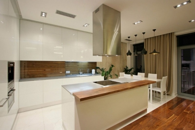 design de cozinha de alto brilho branco design de piso de madeira exaustor design quadrado