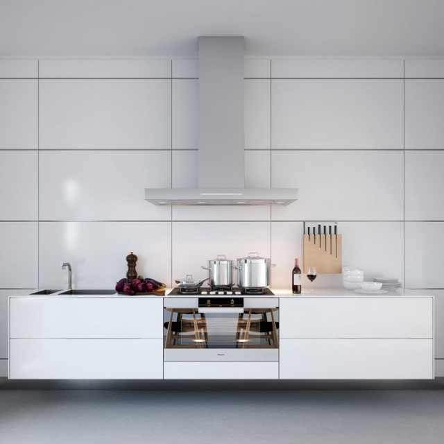pequena-cozinha-branco-minimalista-moderno-extrator-painéis de parede de aço inoxidável