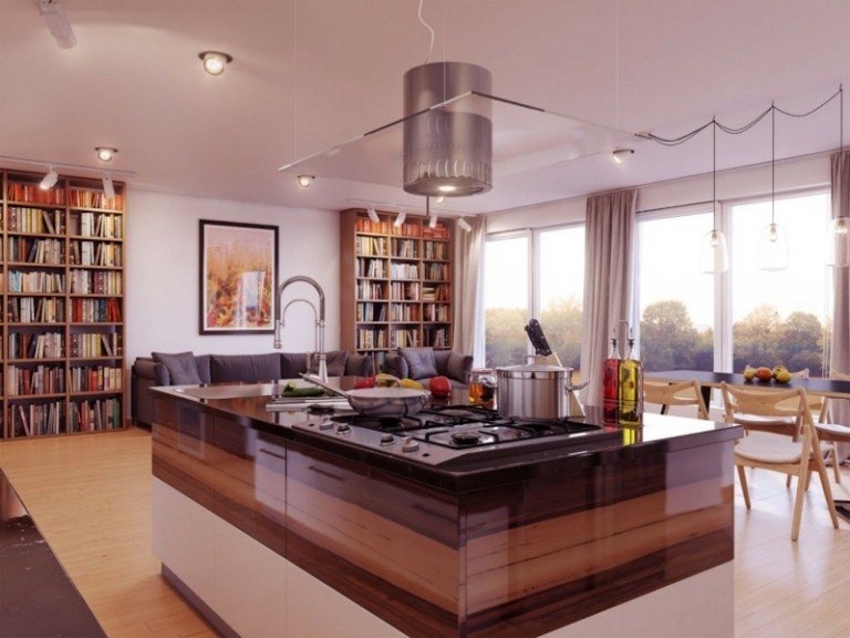 cozinha projetada com ilha original madeira marrom branco ombre área de estar interior