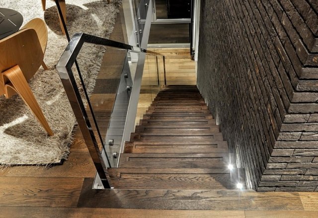 escadas, piso de madeira, móveis, parede, revestimento, pedra