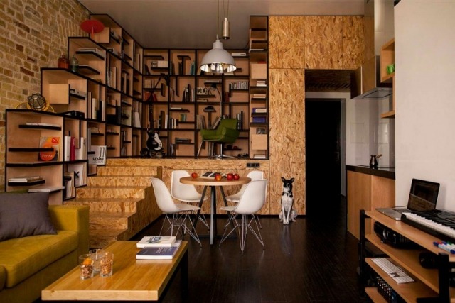 apartamento retro painéis osb sistema de prateleiras de parede piso de madeira escura