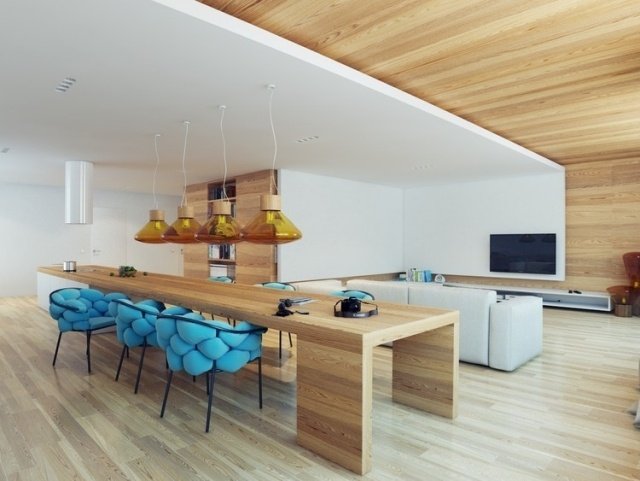 Pisos em parquet e tábua corrida, móveis modernos, sala de jantar, sala de estar