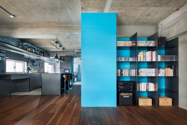 Parquet e piso de tábua corrida, teto moderno escuro, teto, cozinha, sala de estar