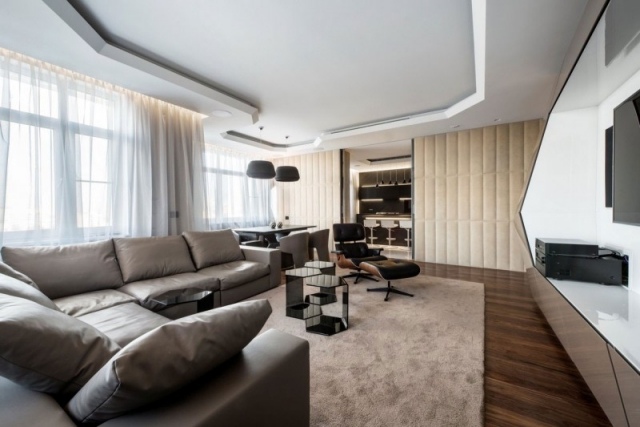 mobília luxuosa sala de estar teto design piso de madeira escuro