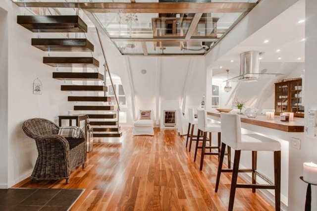 casa de campo piso de tábuas em parquet casa moderna branca cozinha com mesa