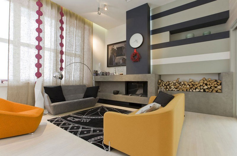 Ideias vivas para design de sala de estar-retro-mobiliário-amarelo-laranja
