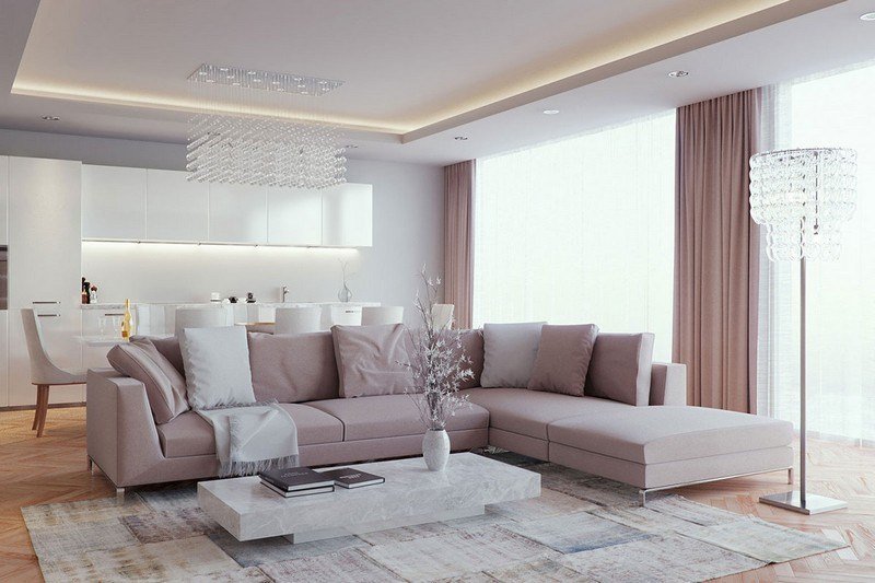 Sala de estar-estar-idéias-design-sofá-rosa-luminária de chão de cristal