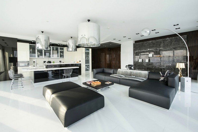 Sala de estar-casa-ideias-design-preto-vida-paisagem-parede de mármore