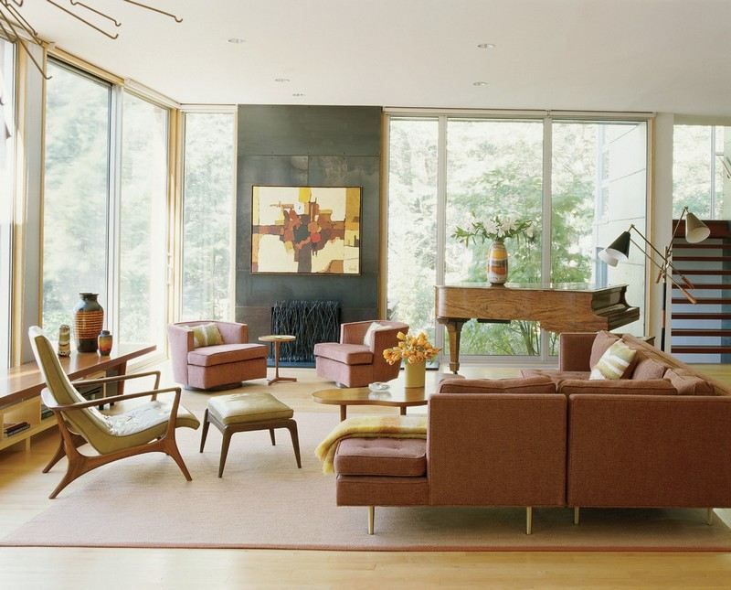 Ideias de decoração retro de design de interiores para salas de estar