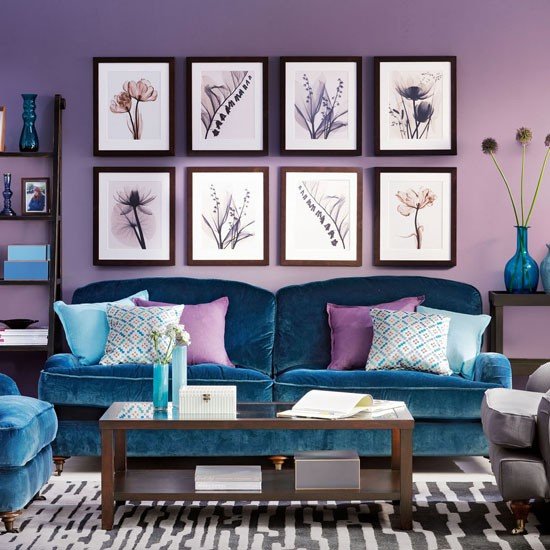 Ideias para salas de estar - decoração retro azul-púrpura