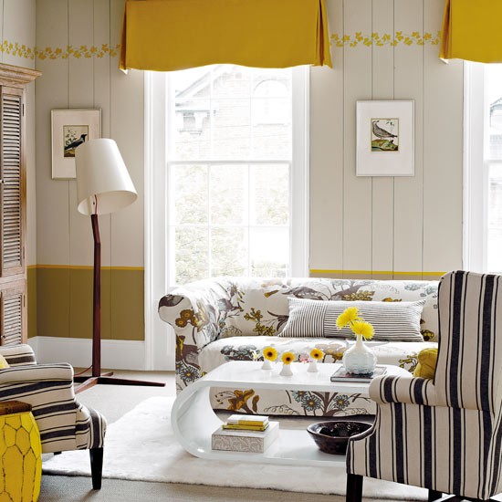Ideias para sala de estar amarelo branco estilo retro