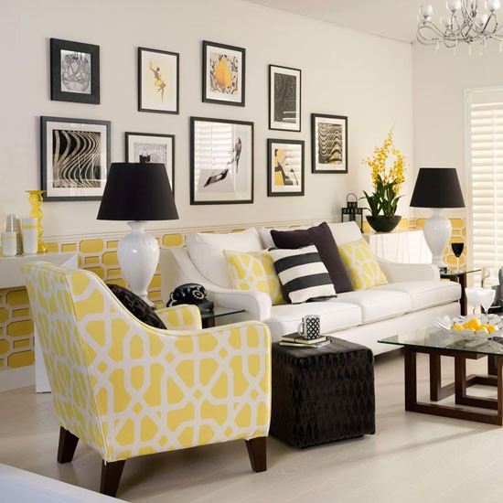 Ideias para sala de estar - amarelo preto branco - estilo retro