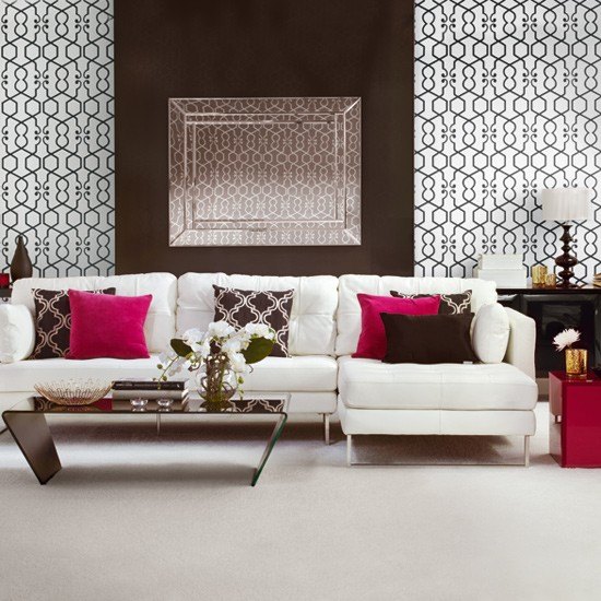 Idéias de vida para sala de estar - rosa branco - padrão moderno