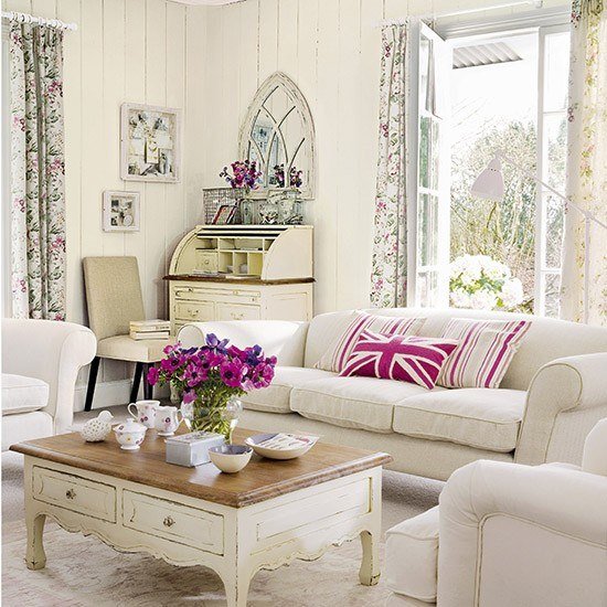 Ideias para salas de estar - rosa branco - móveis chiques e surrados